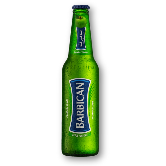 Green Barbican bottle on a white background