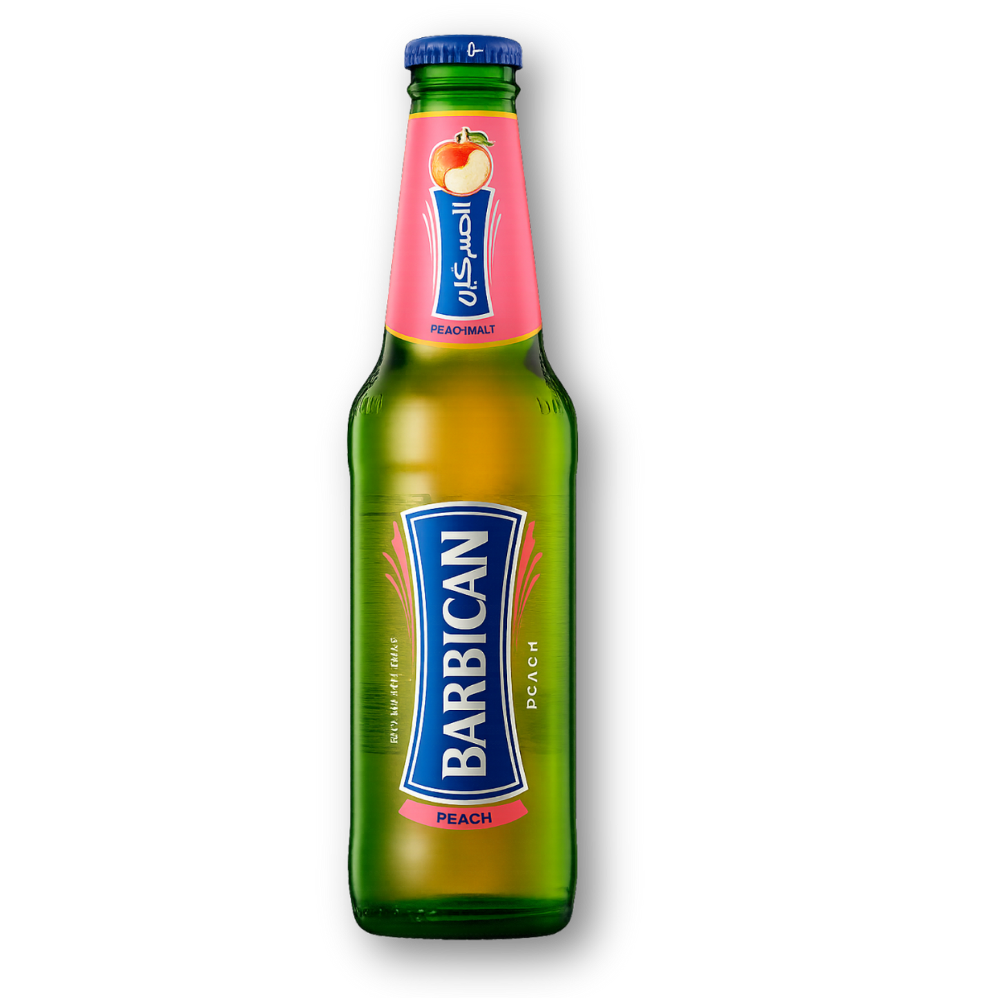 Green bottle of Barbican Peach lager with a colorful label on a white background