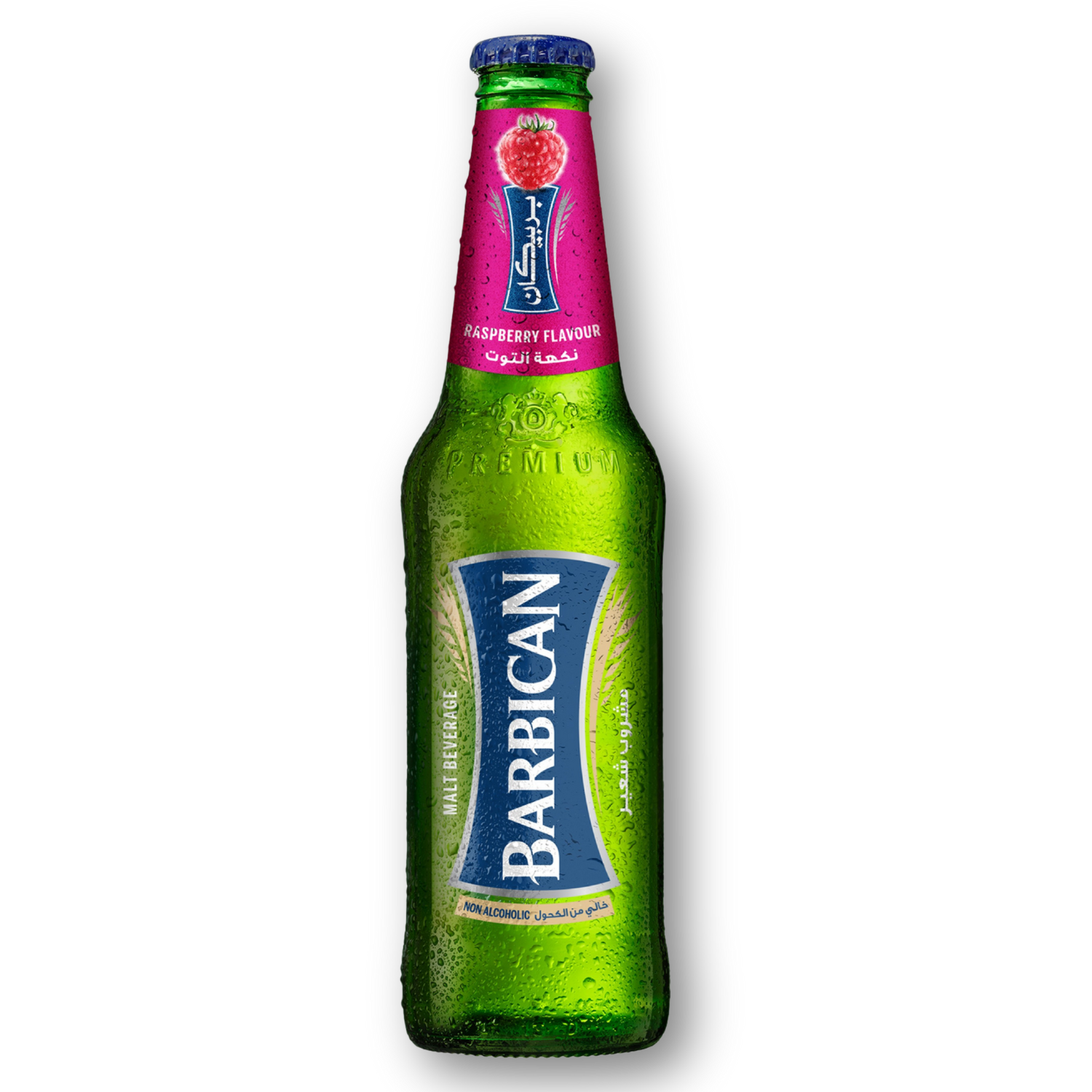 Green bottle of Barbican raspberry-flavored soft drink on a white background