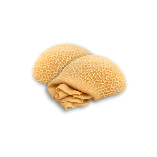 Frozen Beef Honeycomb Tripe (Shaki) – Retail pack or bulk carton, cleaned, frozen & packed in Ireland on a white background
