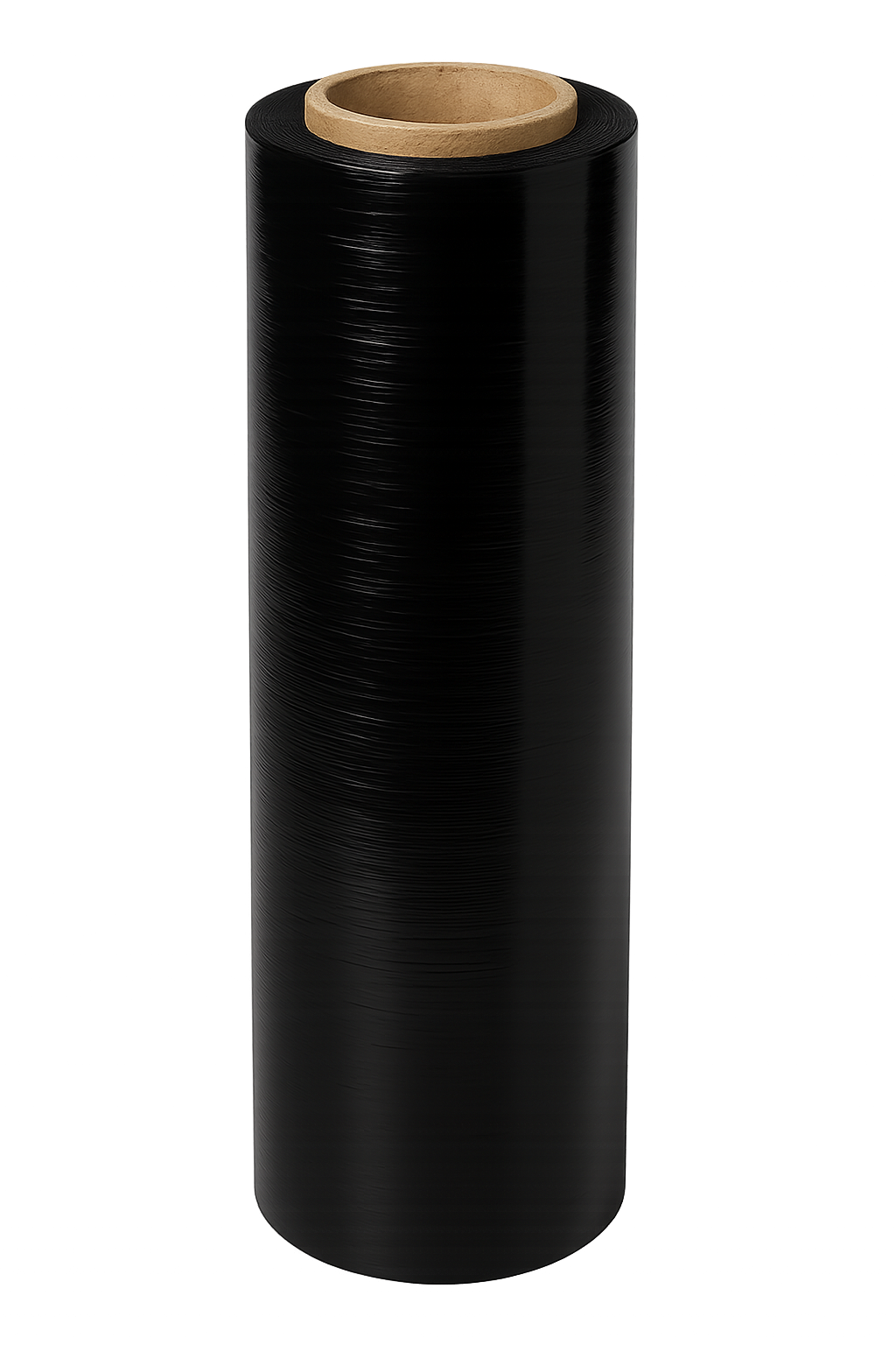 Roll of black plastic wrap with a wooden handle on a white background