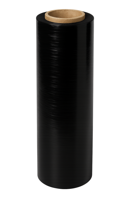 Roll of black plastic wrap with a wooden handle on a white background