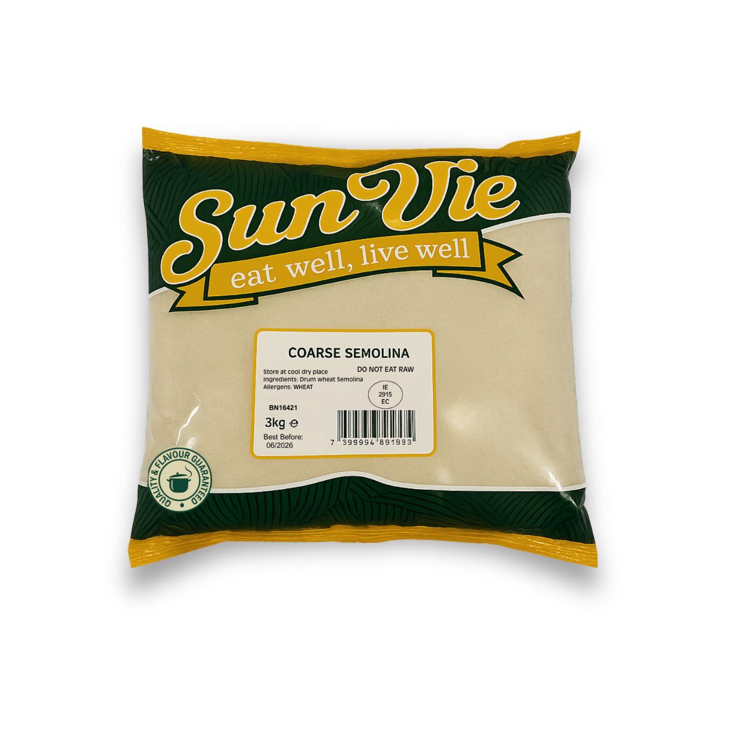 Sun Vie coarse semolina package on a white background – Granular flour milled from durum wheat, retail pack or bulk bag, packed in Ireland