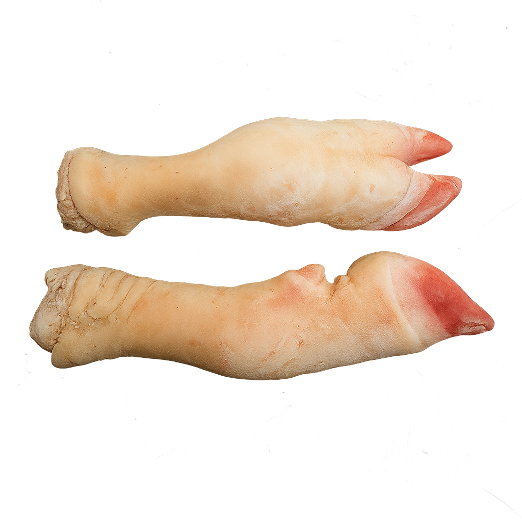 Two pig feet on a white background Frozen Cow Leg – Bone-in beef portions, retail pack or bulk carton, cleaned, cut & frozen in Ireland