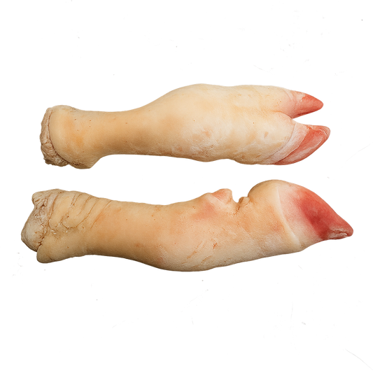 Two pig feet on a white background Frozen Cow Leg – Bone-in beef portions, retail pack or bulk carton, cleaned, cut & frozen in Ireland