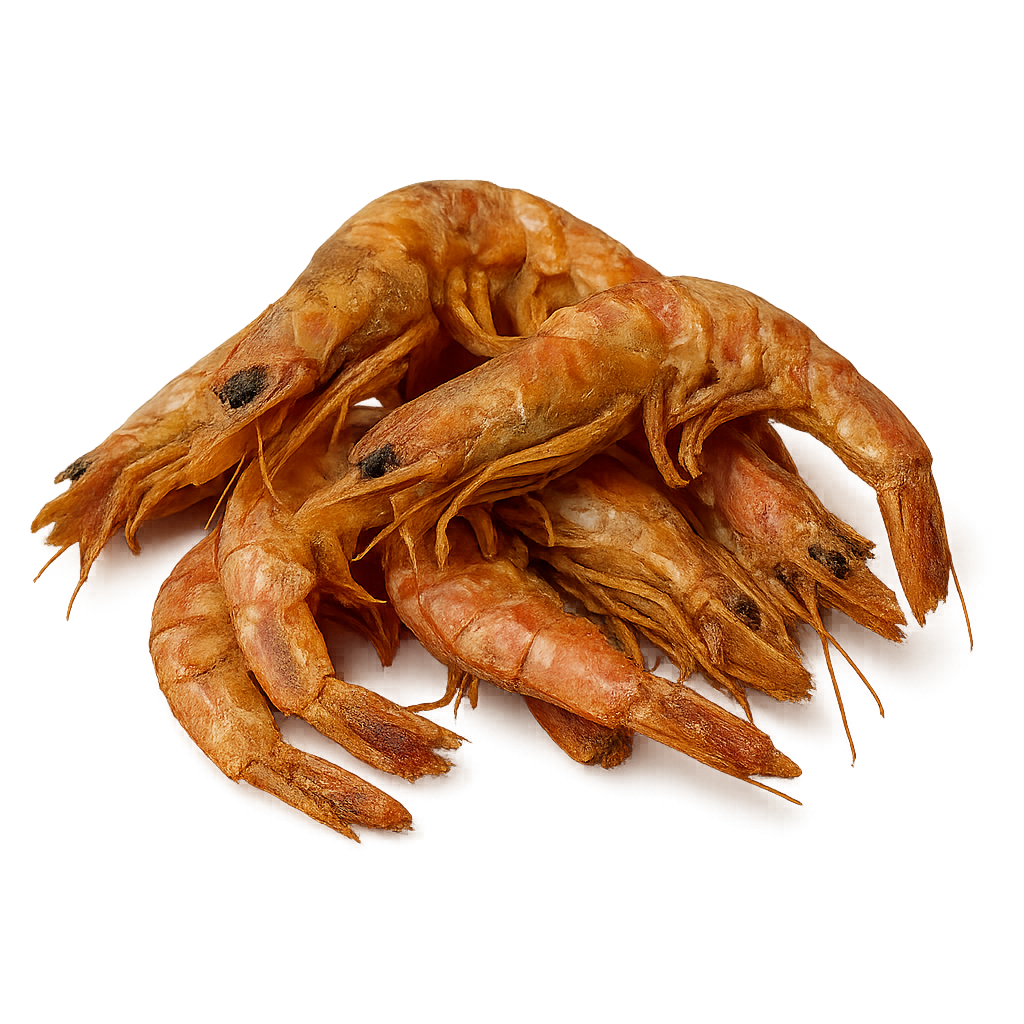 Dried Prawns – Whole sun-dried or smoked prawns (Penaeus spp.), retail or bulk pack, for soups and stews
Dried shrimp on a white background