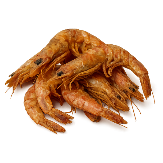 Dried Prawns – Whole sun-dried or smoked prawns (Penaeus spp.), retail or bulk pack, for soups and stews
Dried shrimp on a white background