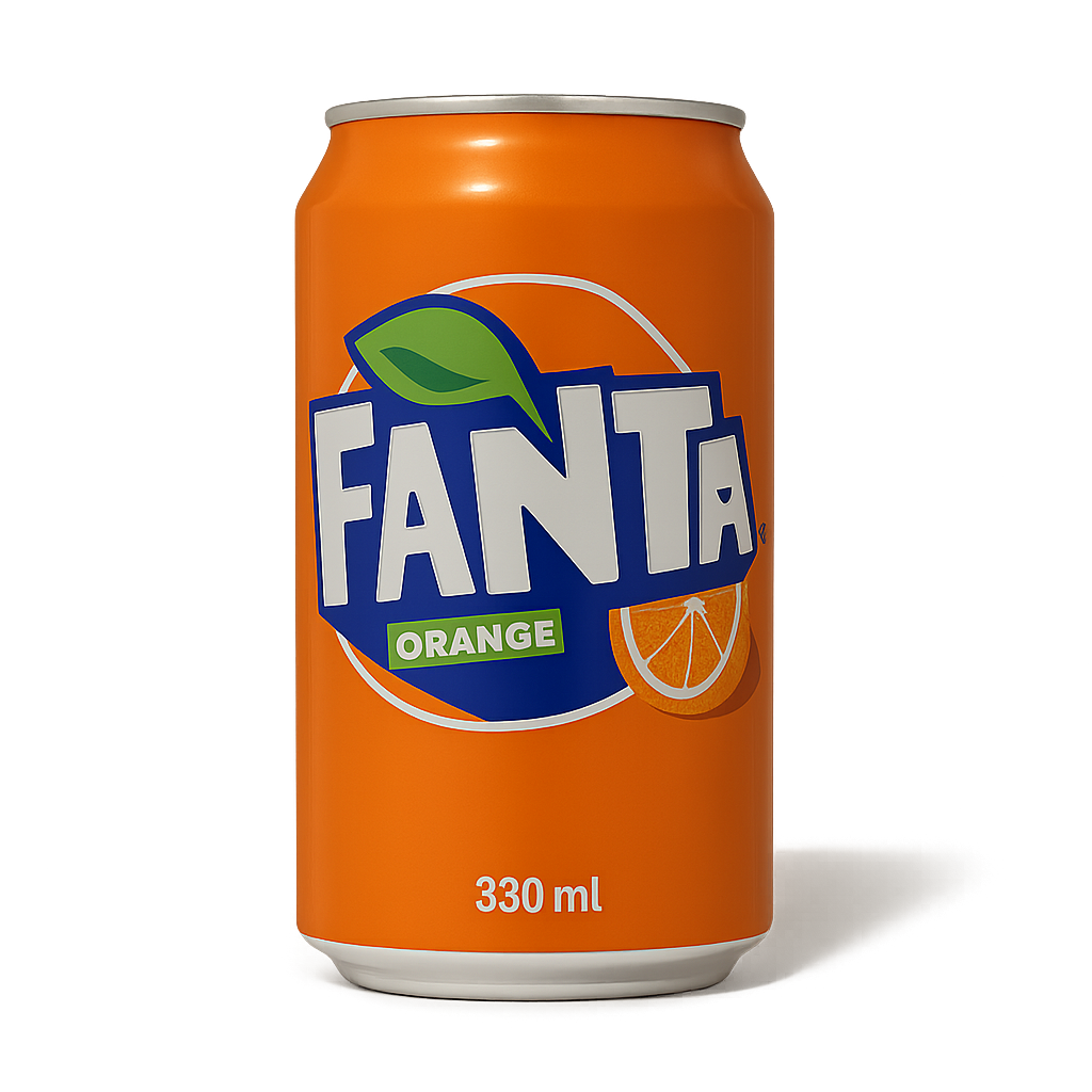 Orange Fanta soda can on a white background