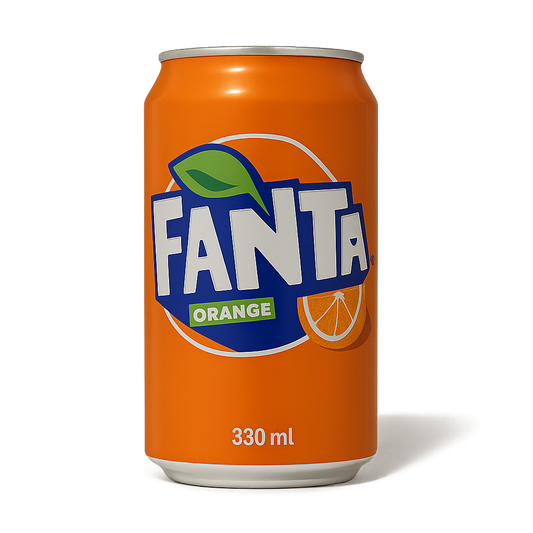 Orange Fanta soda can on a white background