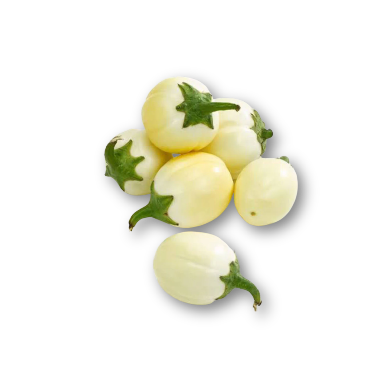 Fresh Garden Eggs – 100% natural vegetable, whole pods harvested & packed in Ireland, retail pack or bulk carton White eggplants with green stems on a white background