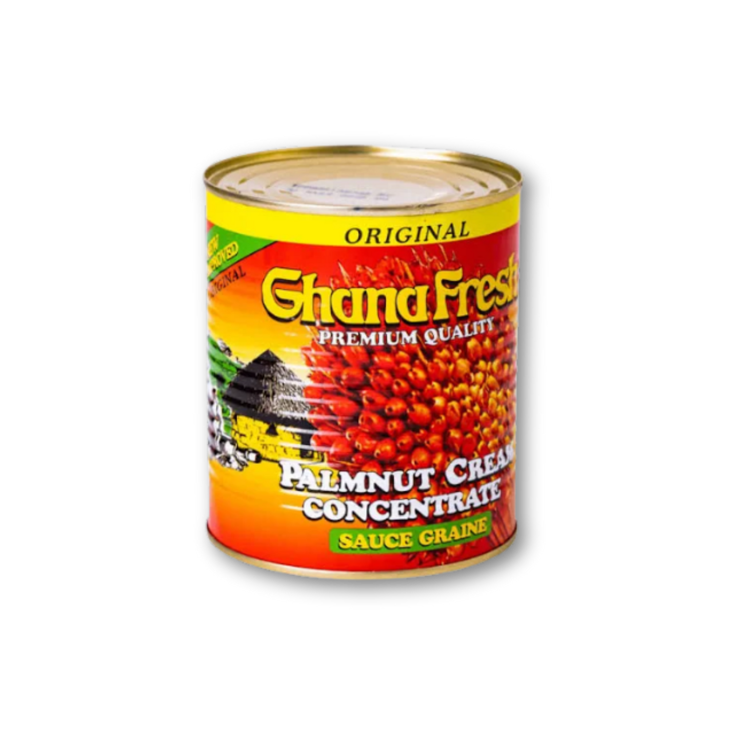 Ghana Fresh Palmnut Cream – Thick palm fruit concentrate for authentic African soups and stews Can of Ghana Fresh Palmnut Cream Concentrate on a white background