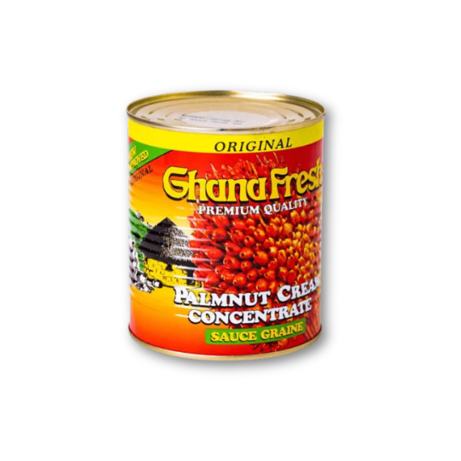 Ghana Fresh Palmnut Cream – Thick palm fruit concentrate for authentic African soups and stews Can of Ghana Fresh Palmnut Cream Concentrate on a white background