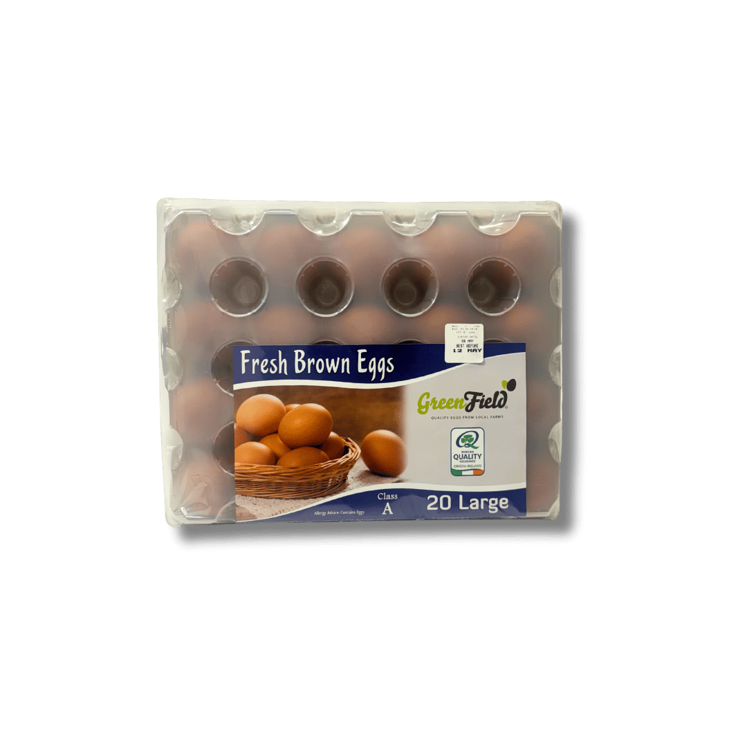 GreenField Fresh Brown Eggs – Pack of 20 large, farm-fresh Irish brown eggs, perfect for cooking and baking