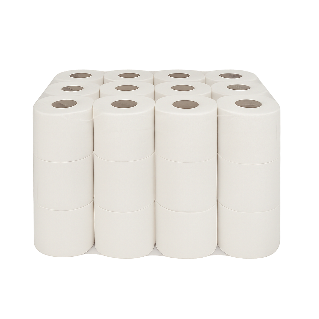 Stack of white toilet paper rolls on a white background