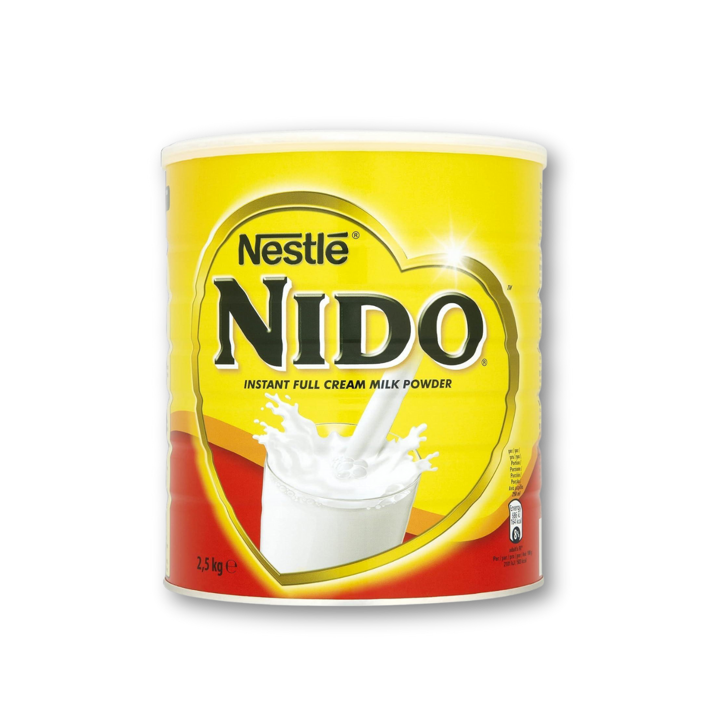Nestle Nido instant full cream milk powder can on a white background
Nestlé Nido 2.5kg – Instant whole milk powder with added vitamins & minerals, spray-dried & packed for freshness