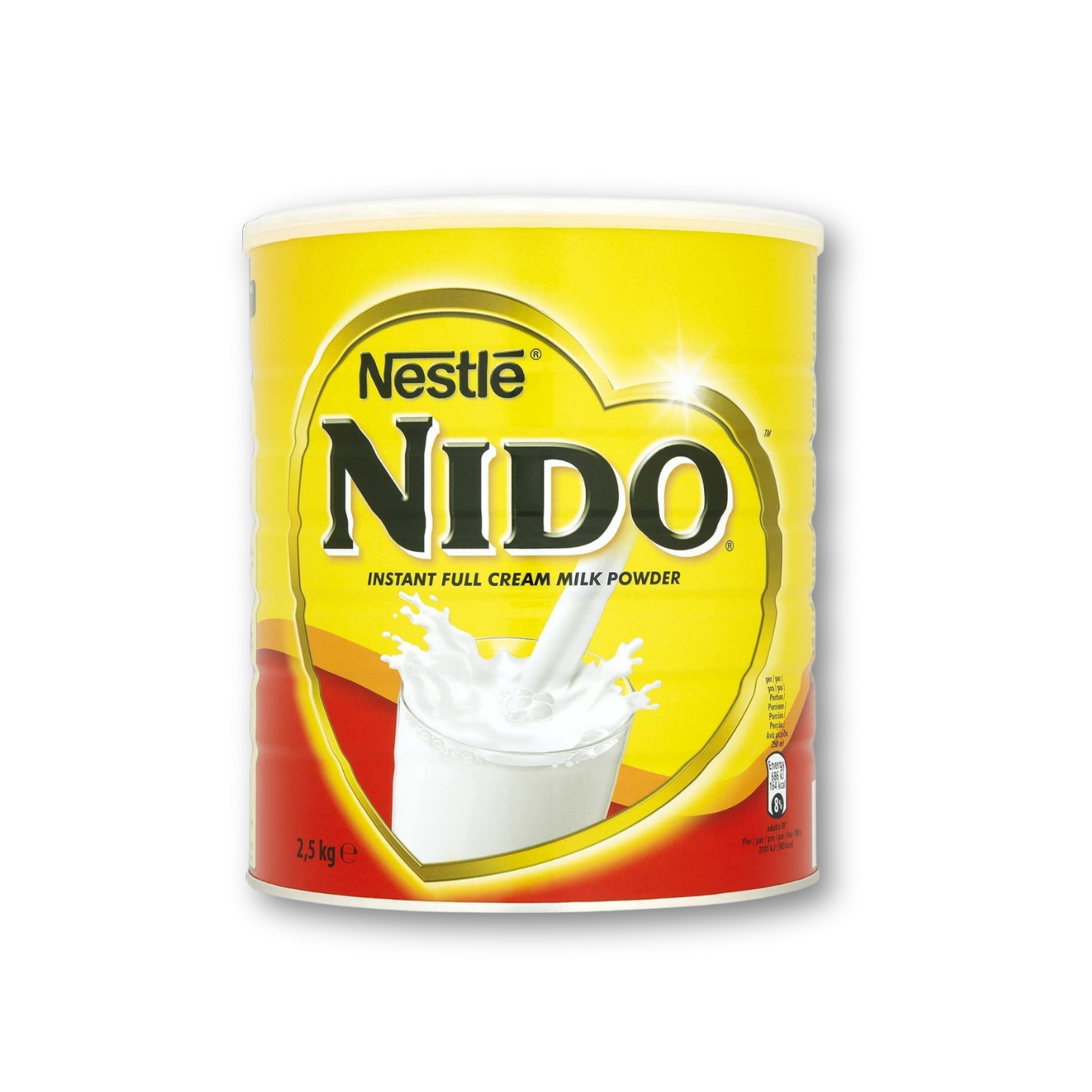 Nestle Nido instant full cream milk powder can on a white background
Nestlé Nido 2.5kg – Instant whole milk powder with added vitamins & minerals, spray-dried & packed for freshness