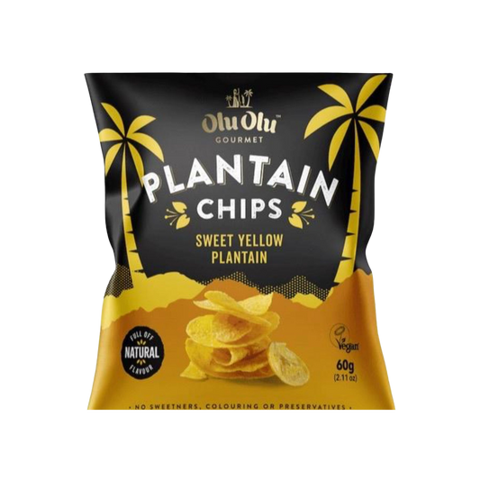 Olu-Olu Plantain Chips – 60g retail pack of thinly sliced, lightly salted fried plantain snack from Ireland