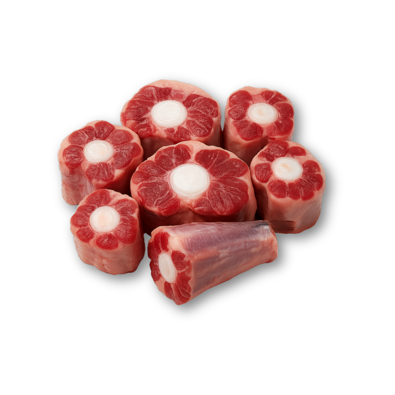 Raw beef bones on a white background Frozen Beef Oxtail – 1kg retail pack, bone-in beef portions, cleaned, cut & frozen in Ireland
