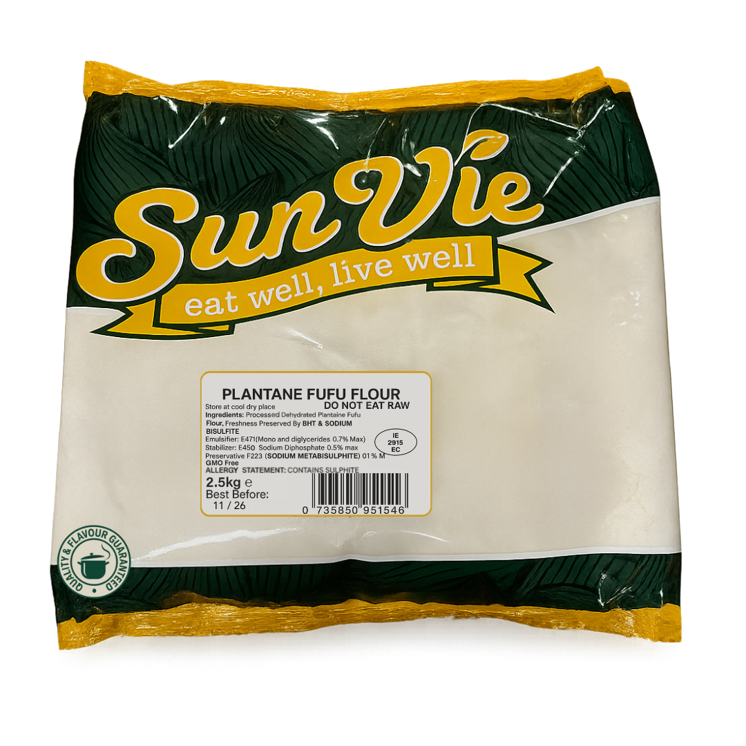 Package of Sun Vie Plantane Fufu Flour on a white background
SunVie Plantain Fufu Flour – Fine powder milled from 100% plantains, retail pack or bulk bag