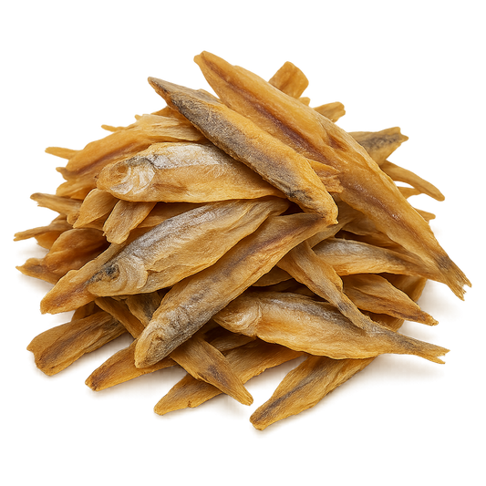 Shawa Bonga Fish Fillet – Sun-dried boneless bonga shad fillets, retail or bulk pack, for soups and stews
Stack of dried fish on a white background