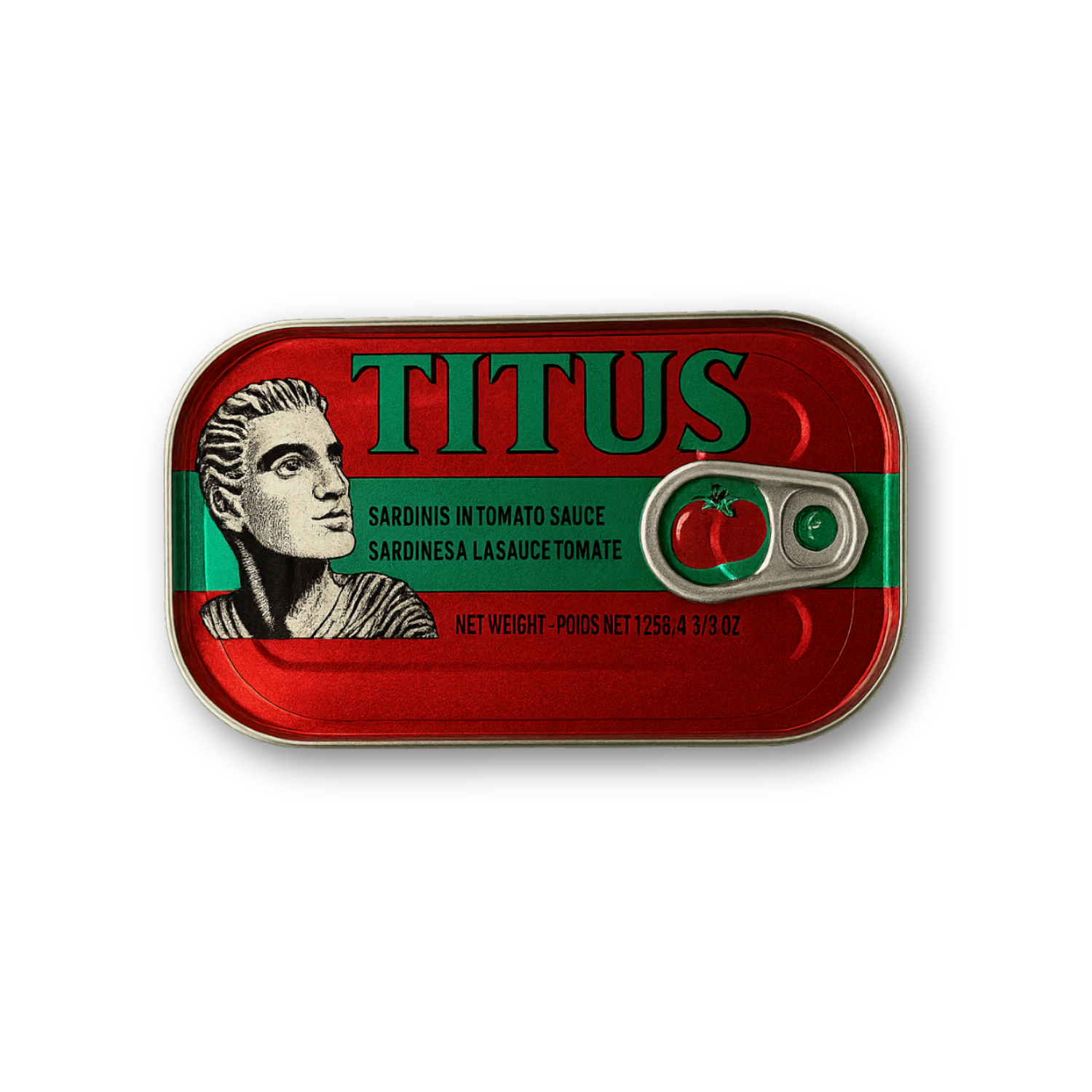 Red and green can of Titus sardines on a white background Titus Sardines – Whole sardines (Sardina pilchardus) canned in rich tomato sauce, retail can or bulk carton from Ireland