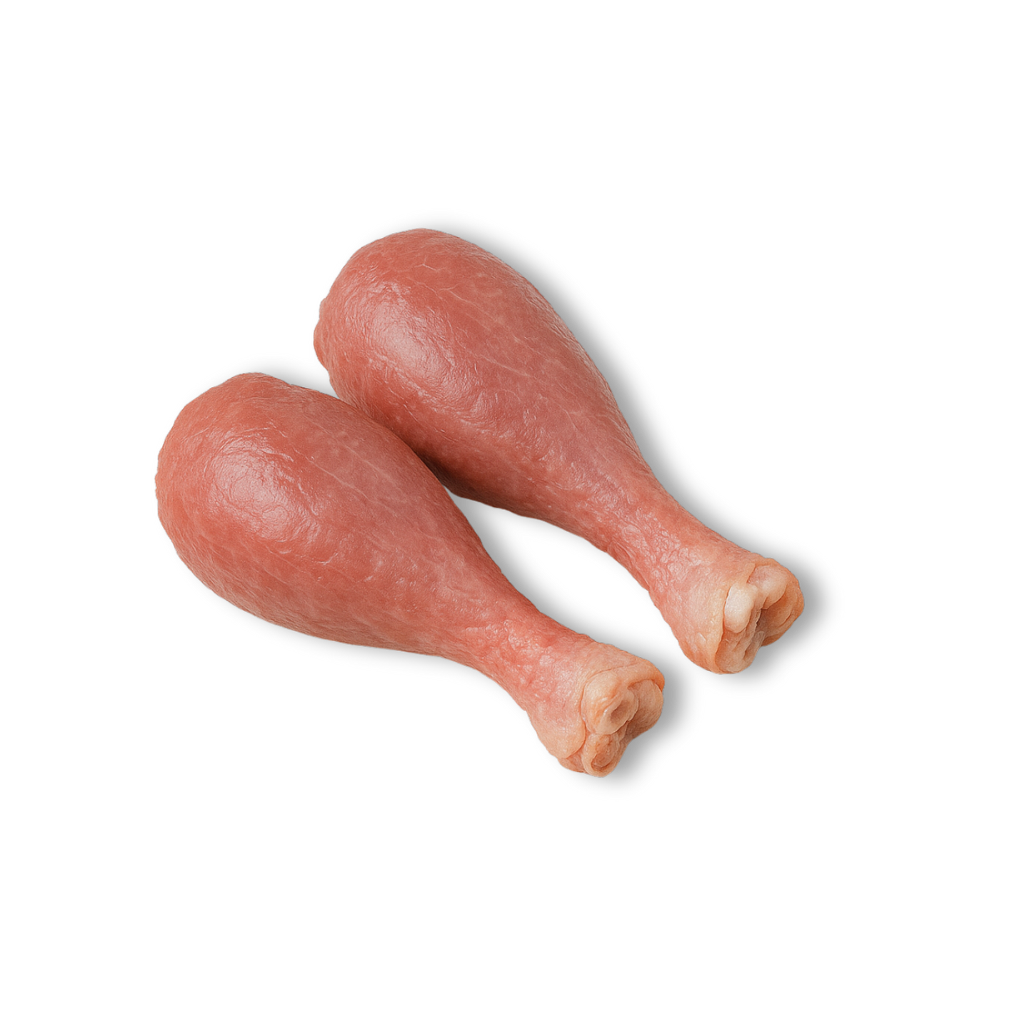 Two raw chicken drumsticks on a white background Frozen Turkey Drumsticks – 2kg pack of skinless, trimmed turkey portions, frozen & packed in Northern Ireland
