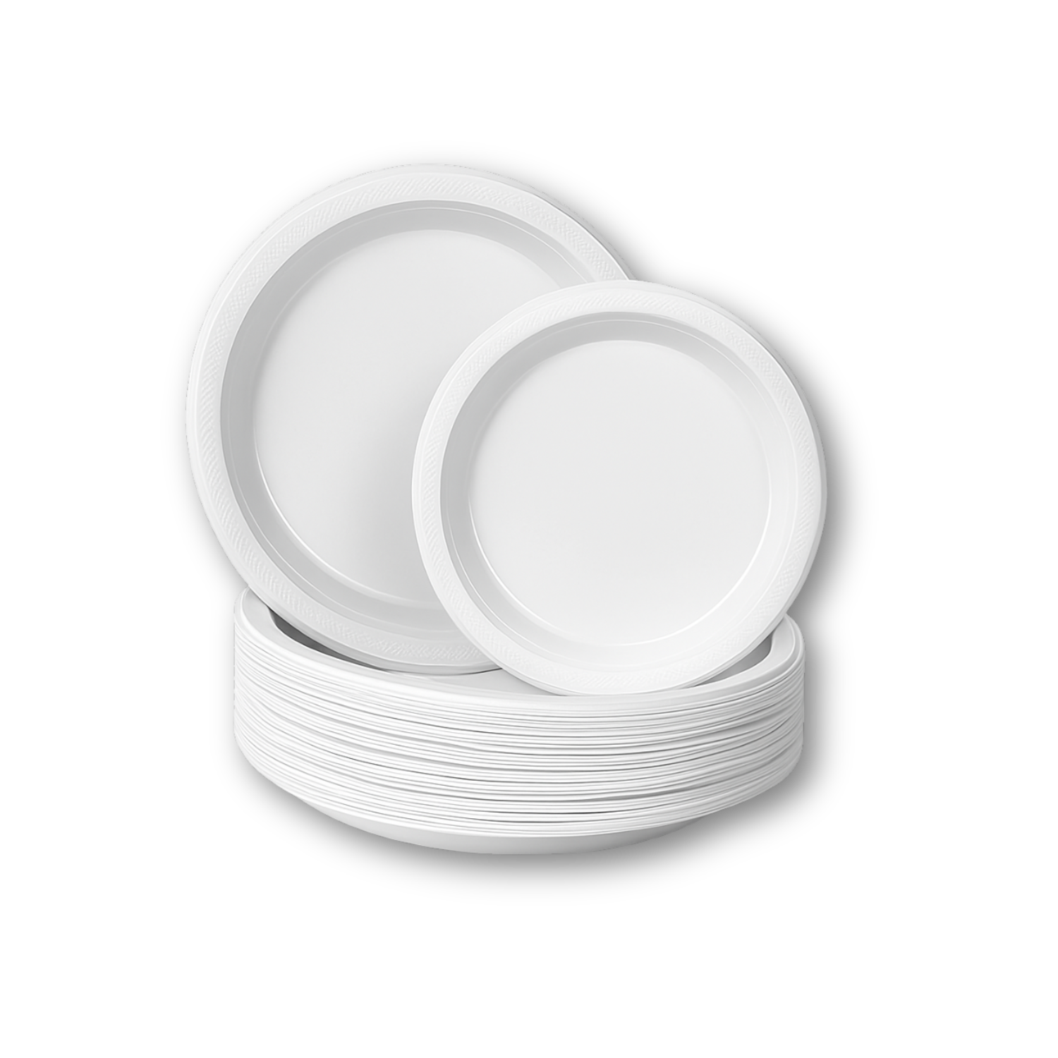 Stack of white ceramic plates on a white background UDL Plastic Plates – 23cm disposable round plates, made from high-quality food-grade plastic, retail or bulk pack