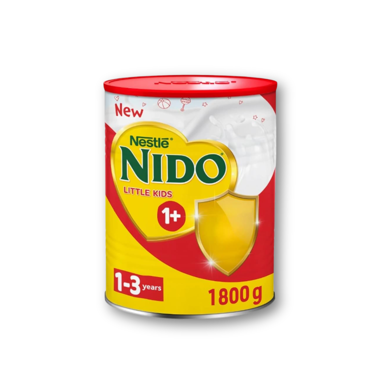 Nestle Nido Little Kids 1+ milk powder can on a white background Nestlé Nido 1800g – Instant whole milk powder with added vitamins & minerals, spray-dried & packed for freshness