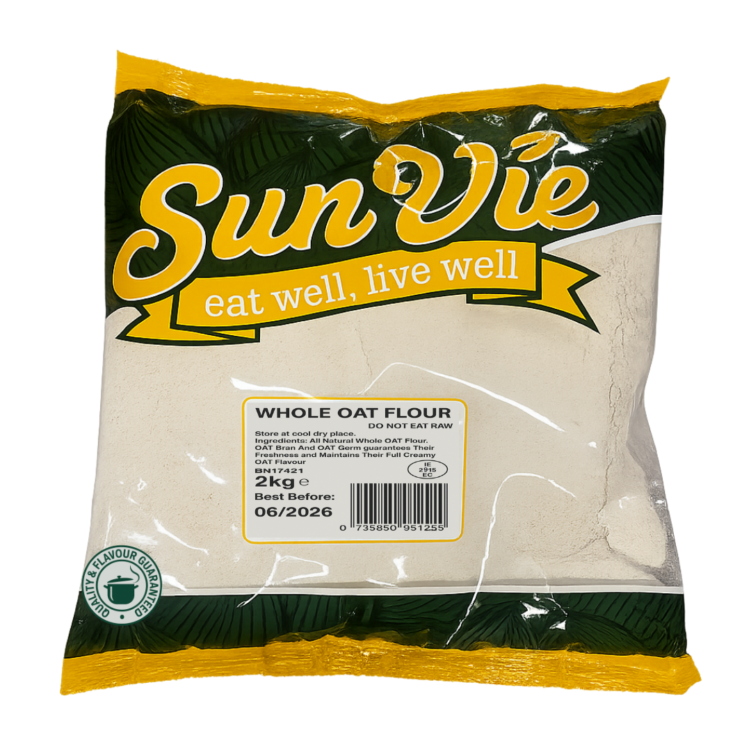 Bag of Sun Vie whole oat flour with green and yellow branding on a white background SunVie Whole Oat Flour – Fine powder milled from 100% whole oats, retail pack or bulk bag, packed in Ireland