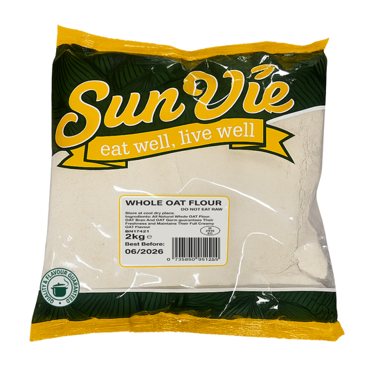 Bag of Sun Vie whole oat flour with green and yellow branding on a white background SunVie Whole Oat Flour – Fine powder milled from 100% whole oats, retail pack or bulk bag, packed in Ireland