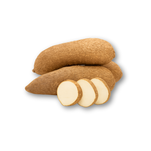 Two yams with one sliced open on a white background Fresh Yam – Whole tuber root vegetable, white or yellow variety, retail pack or bulk sack, harvested & packed in Ireland