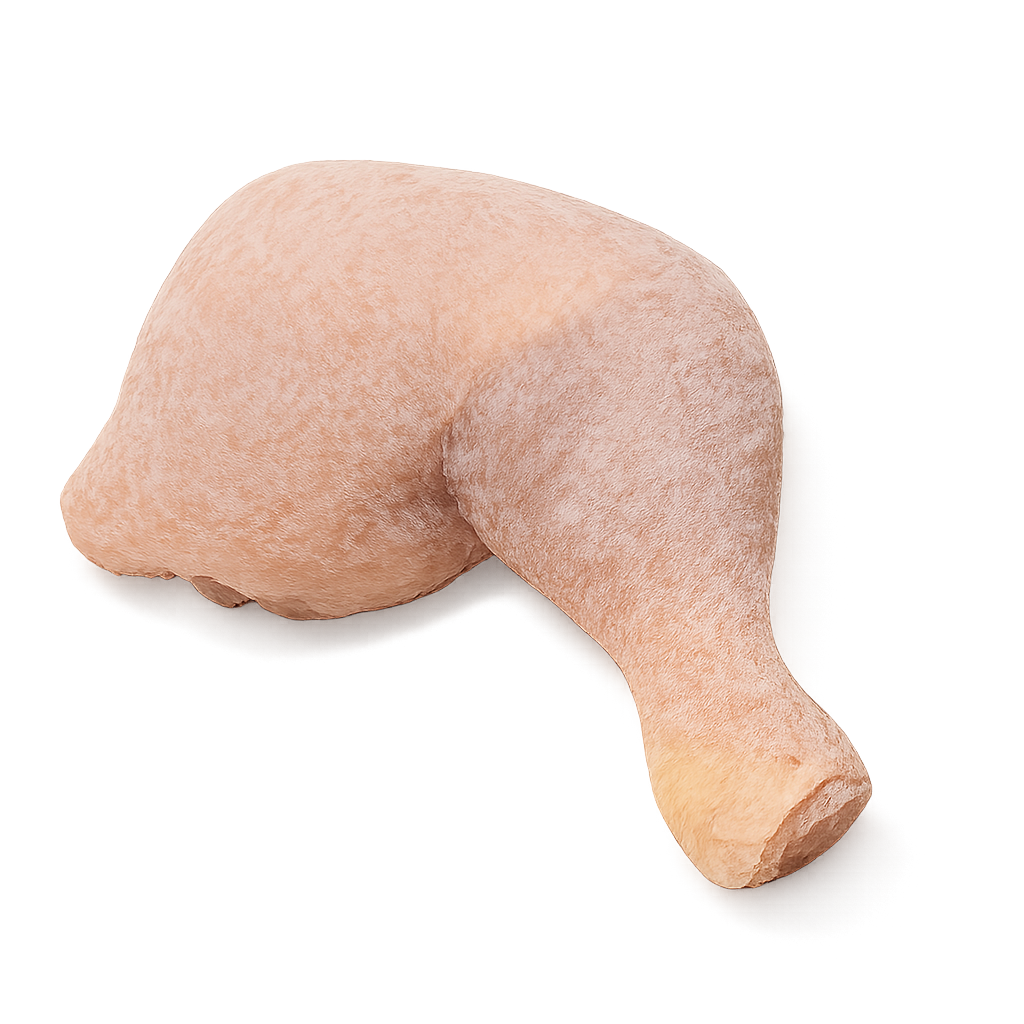Frozen Chicken Thigh Quarters – Juicy dark meat, frozen & packed in Northern Ireland for roasting, grilling & braising Raw chicken leg on a white background