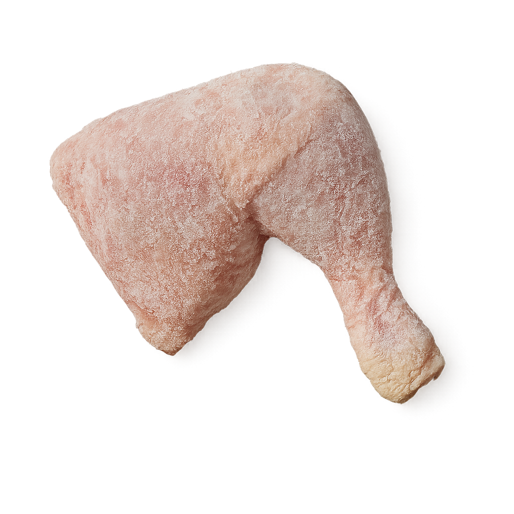 Frozen Hen Leg Quarters – Tender dark meat, frozen & packed in Northern Ireland for roasting & braising Frozen chicken leg on a white background