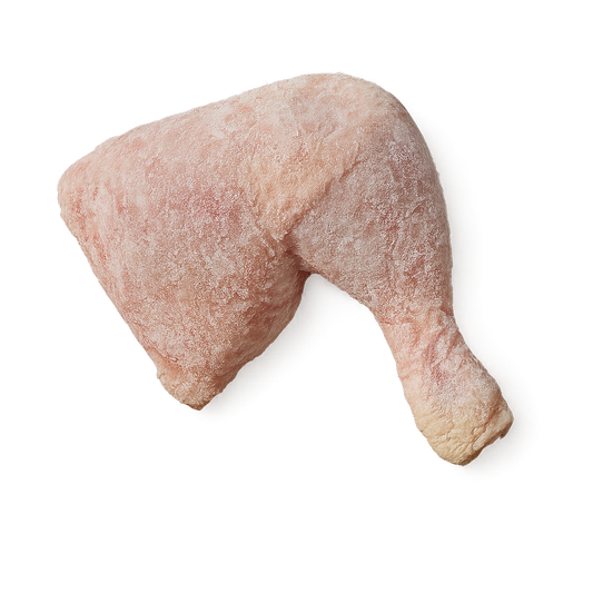 Frozen Hen Leg Quarters – Tender dark meat, frozen & packed in Northern Ireland for roasting & braising Frozen chicken leg on a white background