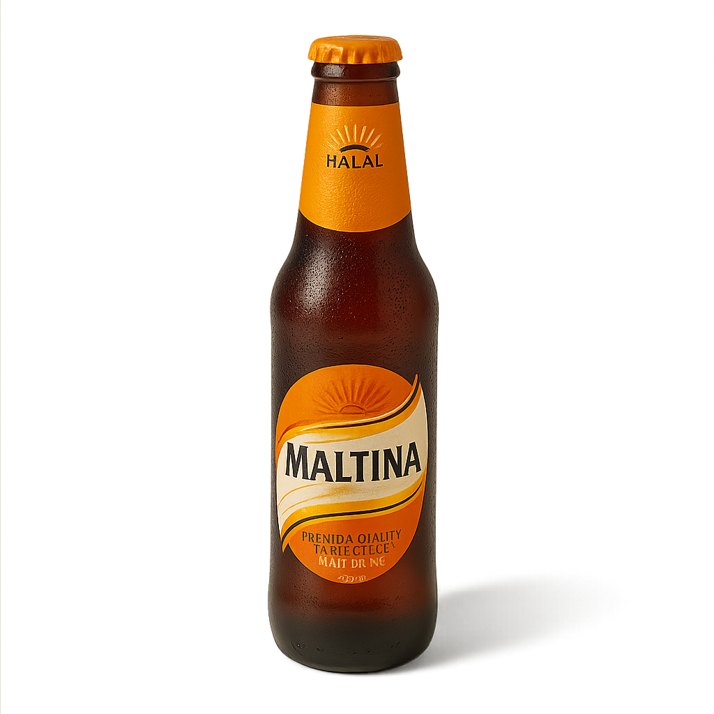 Maltina beer bottle with orange label on a white background