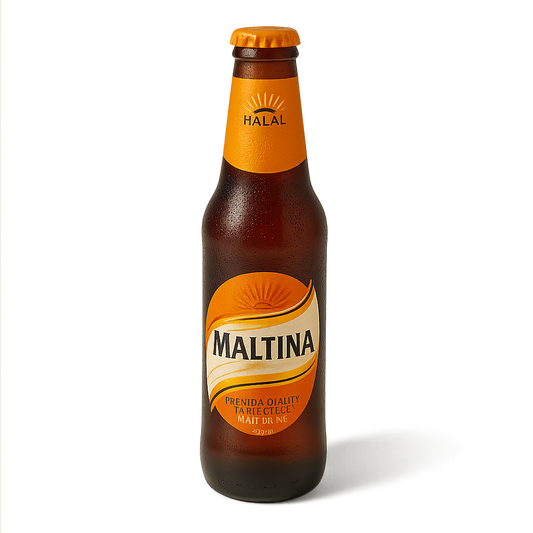 Maltina beer bottle with orange label on a white background