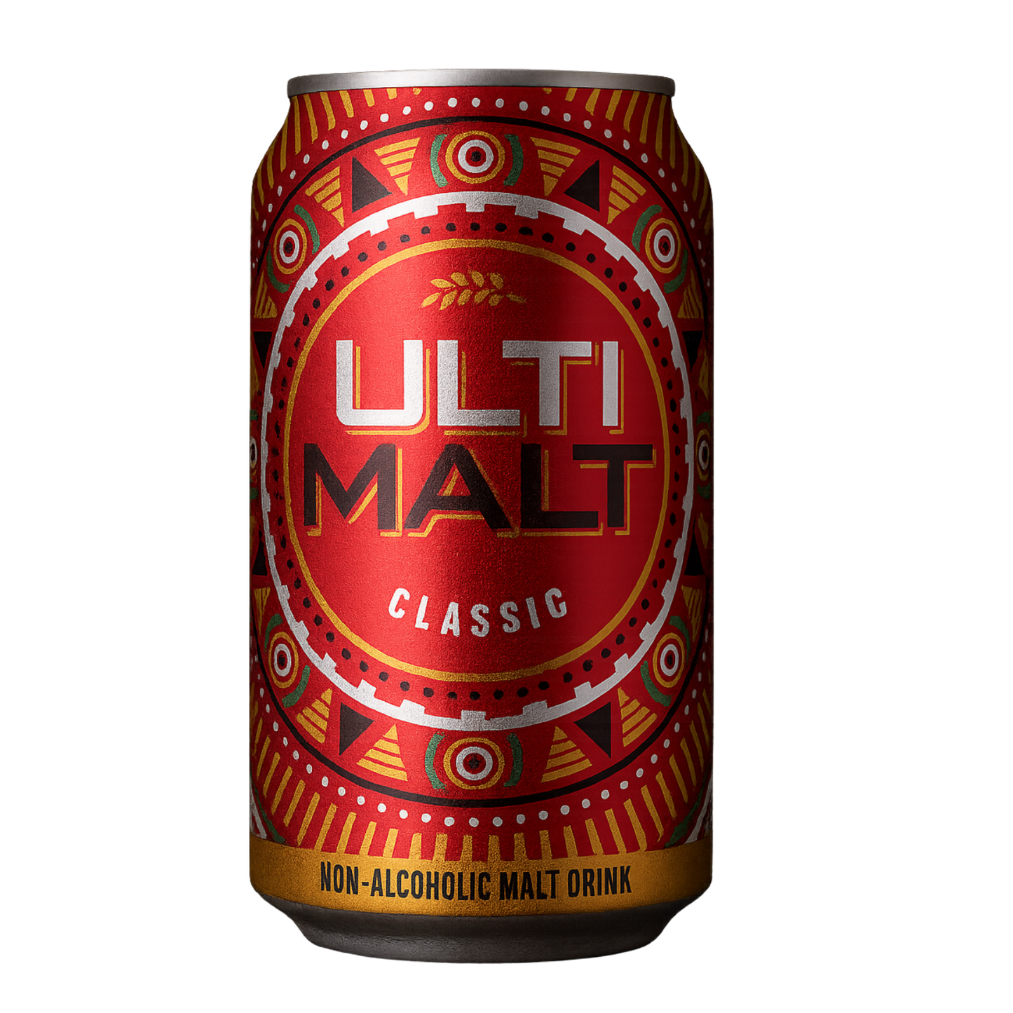 Red can of Ulti Malt Classic non-alcoholic malt drink with decorative patterns on a white background