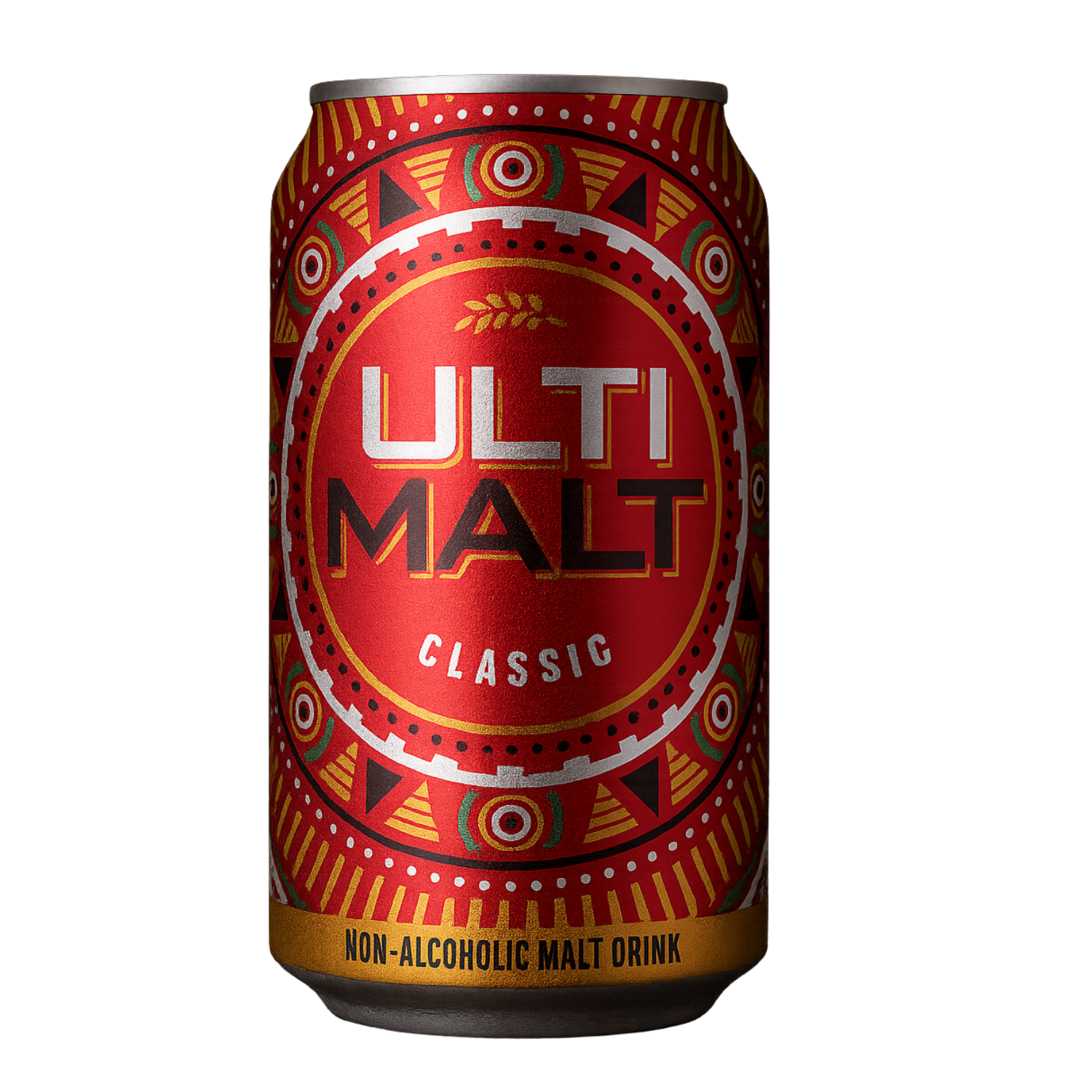 Red can of Ulti Malt Classic non-alcoholic malt drink with decorative patterns on a white background