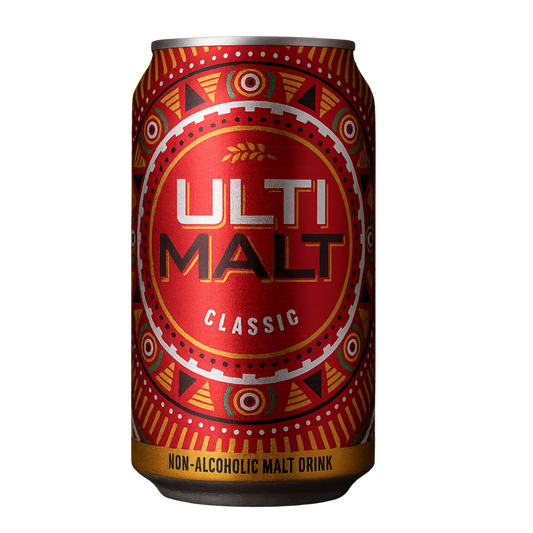 Red can of Ulti Malt Classic non-alcoholic malt drink with decorative patterns on a white background